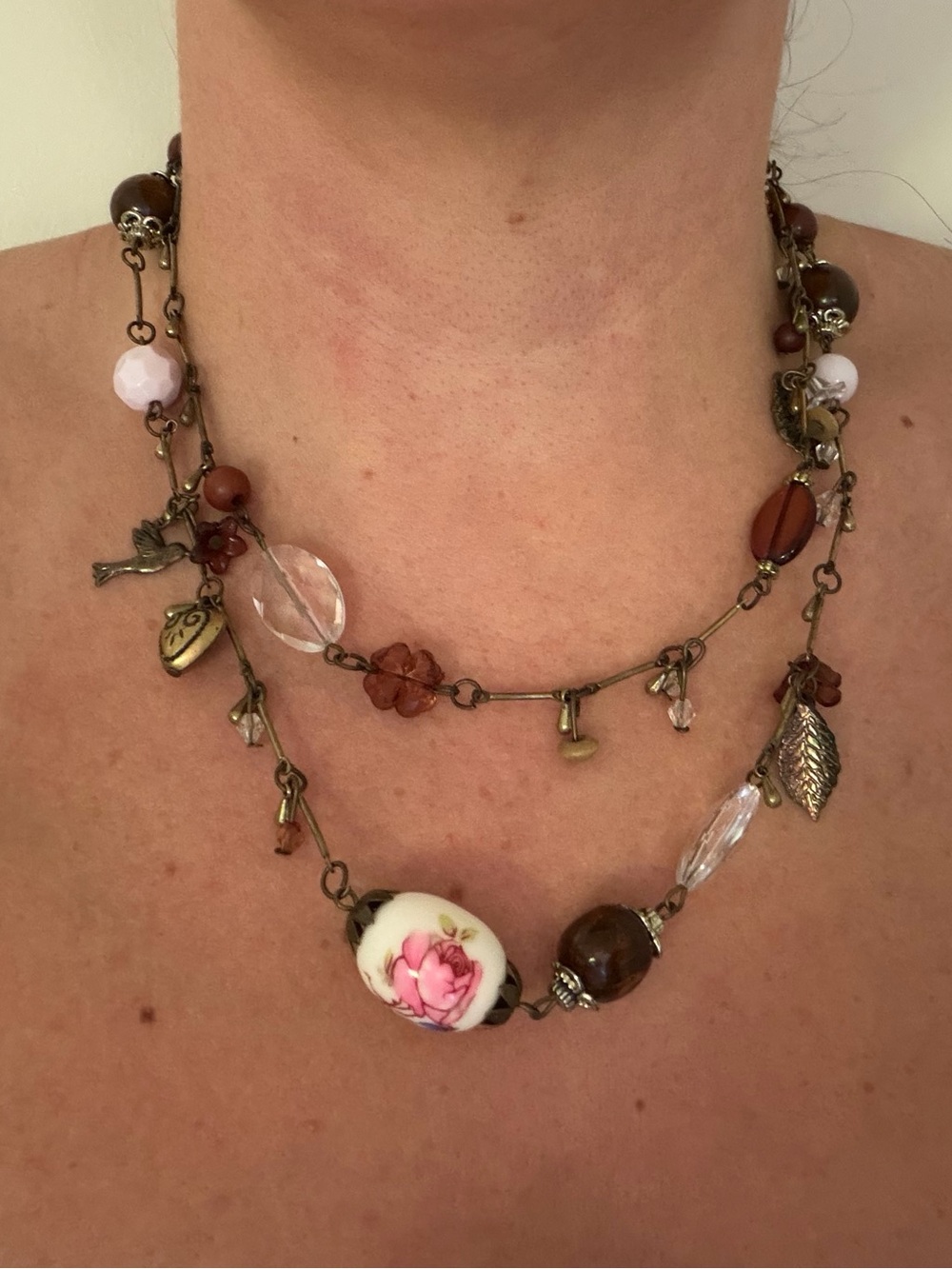 Brown Beaded Necklace Dangle Bird Flower Metal Ceramic 36”